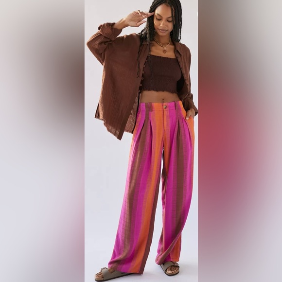 Urban Outfitters Pants - URBAN OUTFITTERS Martina Linen Blend Trouser Pant Wide Leg Pink Orange Size 4